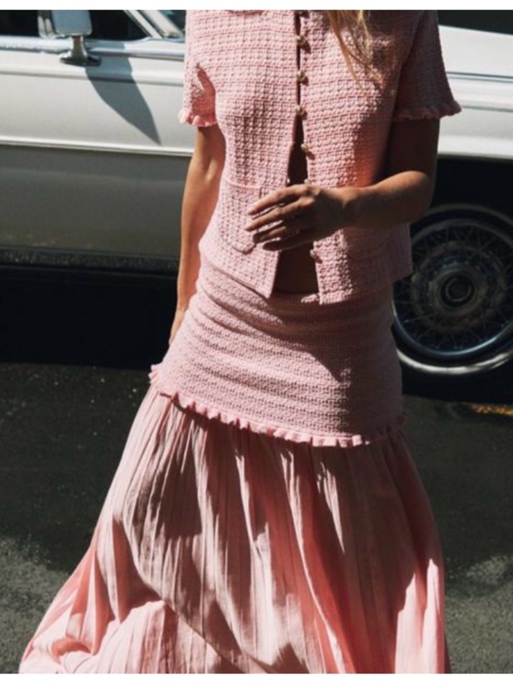 Zara Pink Tweed Top and Pleated Maxi Skirt Set